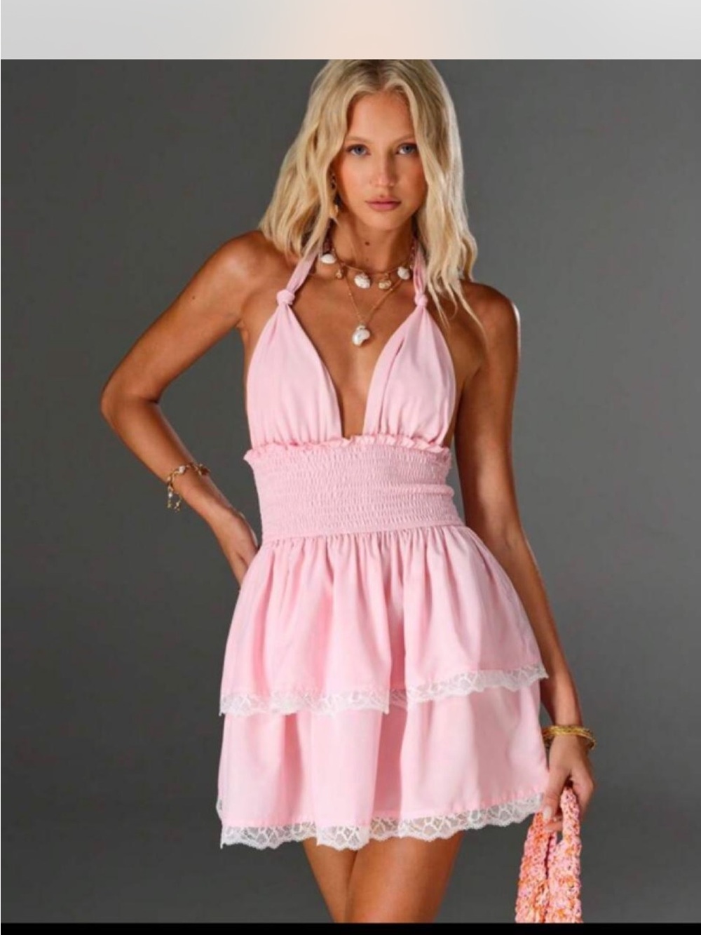 Pink Halter Tiered Mini Dress